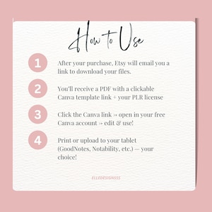 May include: A light pink square graphic with the words "How to Use" in cursive script. The graphic lists four steps for using a product, including downloading files, opening a Canva template, and printing. The text is in black.