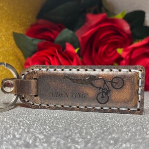 Mountain bike, MTB leather key ring, engraved, hand stitched, MTB merchandise,