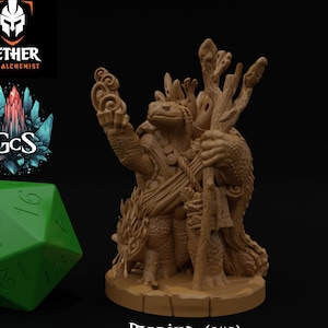 May include: A brown and tan miniature figurine of a turtle-like creature with a staff and a swirling design on its back. The figurine is standing on a round base with a textured surface. The base is labeled "Medium (1x1)".