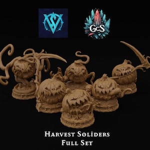 May include: A set of six brown, sculpted pumpkin figures with menacing faces. Each pumpkin is attached to a base with vines and other spooky details. The set is labeled "Harvest Soldiers Full Set".