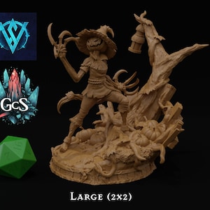 May include: A brown and tan painted miniature figurine of a scarecrow with a pumpkin head, holding a scythe and standing on a tree stump base. The base is decorated with vines and pumpkins. The figurine is labeled "LARGE (2x2)".