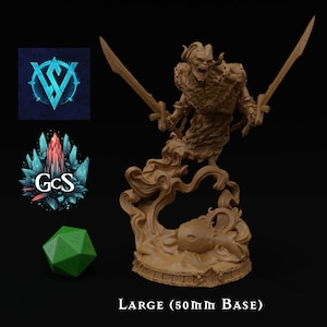 May include: A brown plastic miniature figurine of a demon with horns and a fanged mouth, holding two swords. The demon is standing on a swirling cloud base with a skull at the bottom. The base is 50mm in diameter.