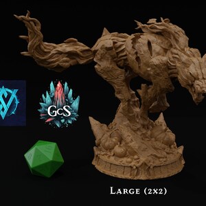 May include: A brown, sculpted, wolf-like creature with flames erupting from its back. The creature is standing on a base with a circular design and the text "LARGE (2x2)".