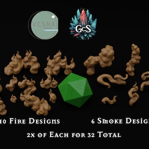 May include: A set of 32 brown plastic miniature fire and smoke designs for tabletop gaming. There are 10 fire designs and 6 smoke designs. The image shows a green 20-sided die in the center.