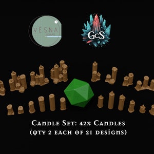 May include: A set of 42 brown candle miniatures, featuring 21 different designs, each with two identical pieces. The candles are arranged on a black surface, with a green 20-sided die in the center.