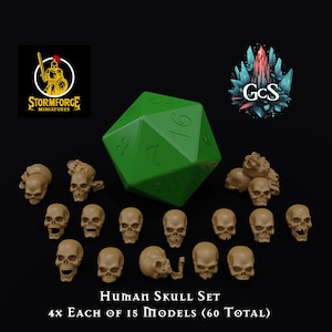 May include: A set of 60 unpainted human skull miniatures, each skull is a different design. The skulls are arranged around a green 20-sided die. The image includes the text "HUMAN SKULL SET 4X EACH OF 15 MODELS (60 TOTAL)".