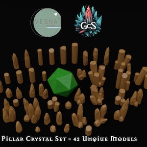 May include: A set of 42 unique brown crystal pillar models. The crystals are arranged in a circle around a green 20-sided die. The text "PILLAR CRYSTAL SET - 42 UNIQUE MODELS" is at the bottom of the image.