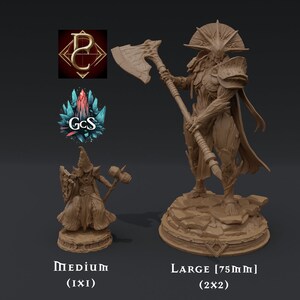 May include: Two miniature figures, one large and one medium, painted in brown. The larger figure is a humanoid with a large axe and a crown of thorns. The smaller figure is a humanoid with a shield and a hammer. The figures are on a brown base.