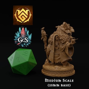 May include: A brown miniature figurine of a cloaked figure with a bird perched on a staff. The figure is standing on a round base with a detailed design. The miniature is painted in a brown color and has a textured surface. The base is 25mm in diameter.