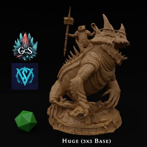 May include: A brown, detailed miniature of a creature with a humanoid riding on its back. The creature has a large mouth and horns. The humanoid is holding a staff with a hammer on the top. The miniature is on a round base with a textured surface. HUGE (3x3 BASE)