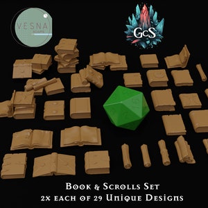 May include: A set of 29 unique book and scroll designs, with 2 of each design. The set includes a variety of styles, including open books, closed books, and scrolls. The books and scrolls are all brown and have a textured surface. The set also includes a green 20-sided die.