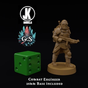 May include: A brown Combat Engineer miniature figure with a helmet and a gun, standing on a round base. A green die and a logo are on the left. The text "Combat Engineer 25mm Base Included" is at the bottom.