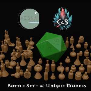 May include: A set of 46 unique brown glass bottles of various shapes and sizes. The bottles are arranged around a green 20-sided die. The text "Bottle Set - 46 Unique Models" is at the bottom of the image.