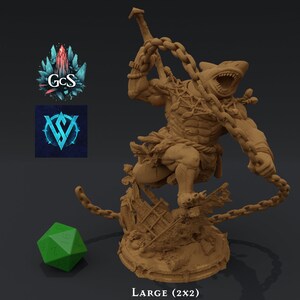 May include: A brown painted miniature figurine of a shark-man wielding a chain weapon. The figurine is standing on a base with a shipwreck theme. The base is marked "LARGE (2x2)".