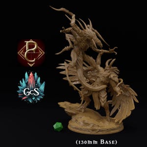 May include: A detailed, brown, 3D printed miniature of a winged demon battling a monstrous creature with multiple limbs. The miniature is set on a 130mm base.