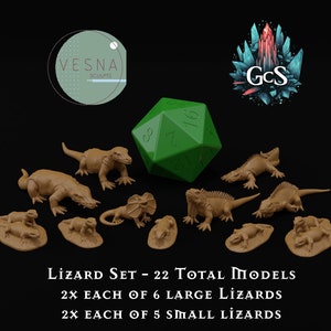 May include: A set of 22 miniature lizard figurines, including 12 large lizards and 10 small lizards. The figurines are painted in a brown color and are arranged on a black background. The text "LIZARD SET - 22 TOTAL MODELS" is displayed below the figurines. The text "2X EACH OF 6 LARGE LIZARDS" and "2X EACH OF 5 SMALL LIZARDS" is displayed below the first line of text.