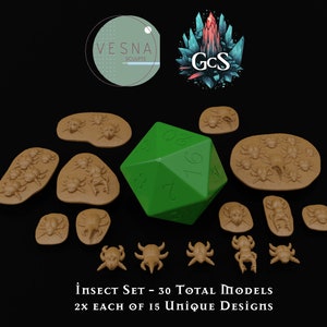 May include: A set of 30 brown plastic insect miniatures, each with a unique design. The miniatures are arranged on a black surface with a green 20-sided die in the center. The text "İNSECT SET - 30 TOTAL MODELS 2X EACH OF 15 UNIQUE DESIGNS" is printed below the miniatures.