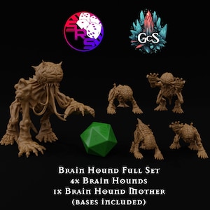May include: A set of five 3D printed miniature figures of brain hounds, including a larger mother brain hound. The figures are painted in a brown color and are posed in various positions. The set includes a green 20-sided die.