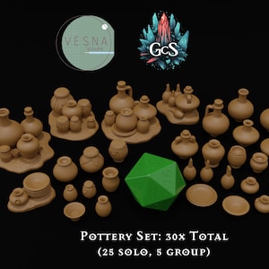 May include: A set of 30 brown pottery pieces, including jars, bowls, and plates. The set includes 25 individual pieces and 5 groups of pieces. The set is arranged on a black background with a green 20-sided die in the center.