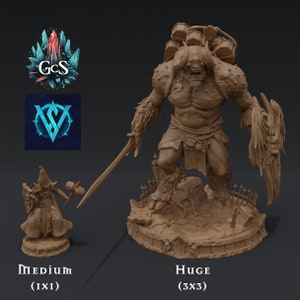May include: Two miniature figures, one medium and one huge, painted in brown tones. The larger figure is a monstrous creature with horns, fur, and a sword. The smaller figure is a human-like figure with a shield and a hammer. Both figures are standing on circular bases.