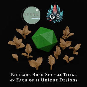 May include: A collection of 44 rhubarb bush miniatures in 11 unique designs, with a green twenty-sided die. The miniatures are a light brown color and are arranged on a black surface. The text "Rhubarb Bush Set - 44 Total 4x Each of 11 Unique Designs" is visible.