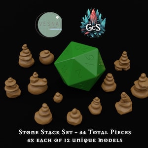 May include: A set of 44 brown stone stack miniatures, each with a unique design. The set includes 12 different models, with 4 of each model. The miniatures are arranged around a green 20-sided die. The text on the image reads "STONE STACK SET - 44 TOTAL PIECES 4X EACH OF 12 UNIQUE MODELS".