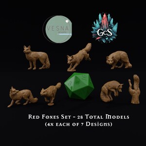 May include: A set of 28 miniature red fox figurines, with seven different poses. The set includes a green 20-sided die.