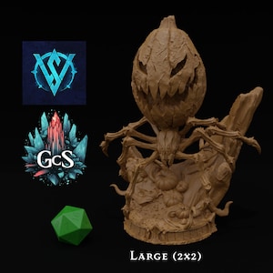 May include: A 3D printed miniature of a pumpkin-headed spider with a menacing grin, perched on a gnarled tree stump. The miniature is painted in a brown color and is labeled "LARGE (2x2)".