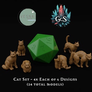 May include: A set of 24 miniature cat figurines, each with a unique pose. The cats are brown and are arranged around a green 20-sided die. The set includes 4 of each of the 6 different cat designs. "CAT SET - 4X EACH OF 6 DESIGNS (24 TOTAL MODELS)" is written below the cats.