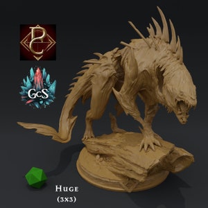 May include: A detailed, brown, 3D printed miniature of a monstrous creature with sharp teeth and spines. The creature is standing on a rocky base. The miniature is labeled "HUGE (3x3)".