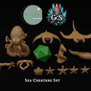 May include: A set of 13 brown plastic sea creature figurines, including an octopus, stingrays, a crab, a starfish, and a moray eel. The set also includes a green 20-sided die.