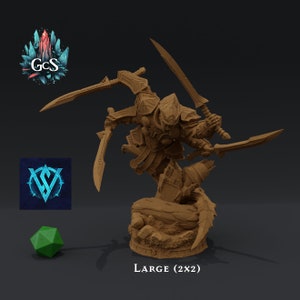 May include: A brown plastic miniature figurine of a warrior with a hooded cloak and four swords. The figurine is standing on a rocky base. The text "LARGE (2x2)" is printed below the base.