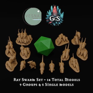 May include: A set of 14 brown plastic rat miniatures for tabletop gaming. The set includes 9 groups of rats and 5 single rats. The rats are arranged in a circle around a green 20-sided die. The text "RAT SWARM SET - 14 TOTAL MODELS 9 GROUPS & 5 SINGLE MODELS" is printed below the miniatures.