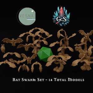 May include: A set of 14 brown plastic bat figurines, some are flying and some are perched on a tree branch. The bats are arranged in a circle around a green 20-sided die. The text "BAT SWARM SET - 14 TOTAL MODELS" is at the bottom of the image.