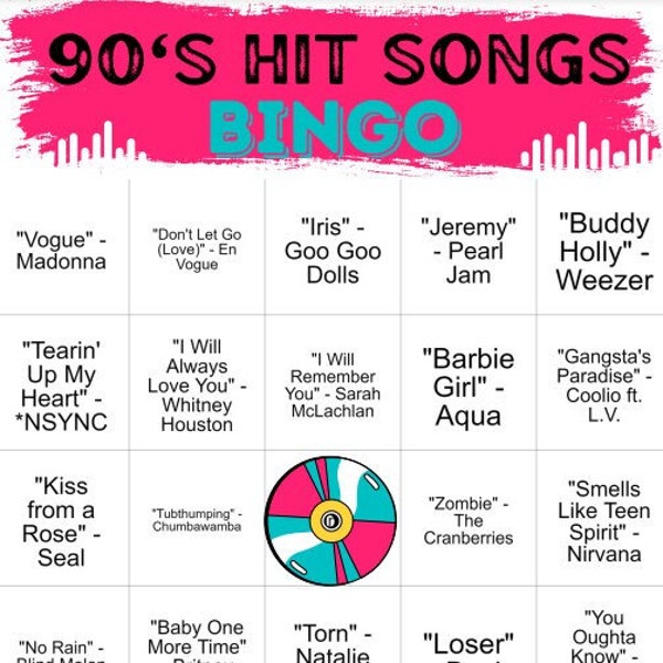 90s Hit Songs Bingo | Music Bingo, Bingo Games, Printable Games, Party Games, Family Game Night, Instant Digital Download