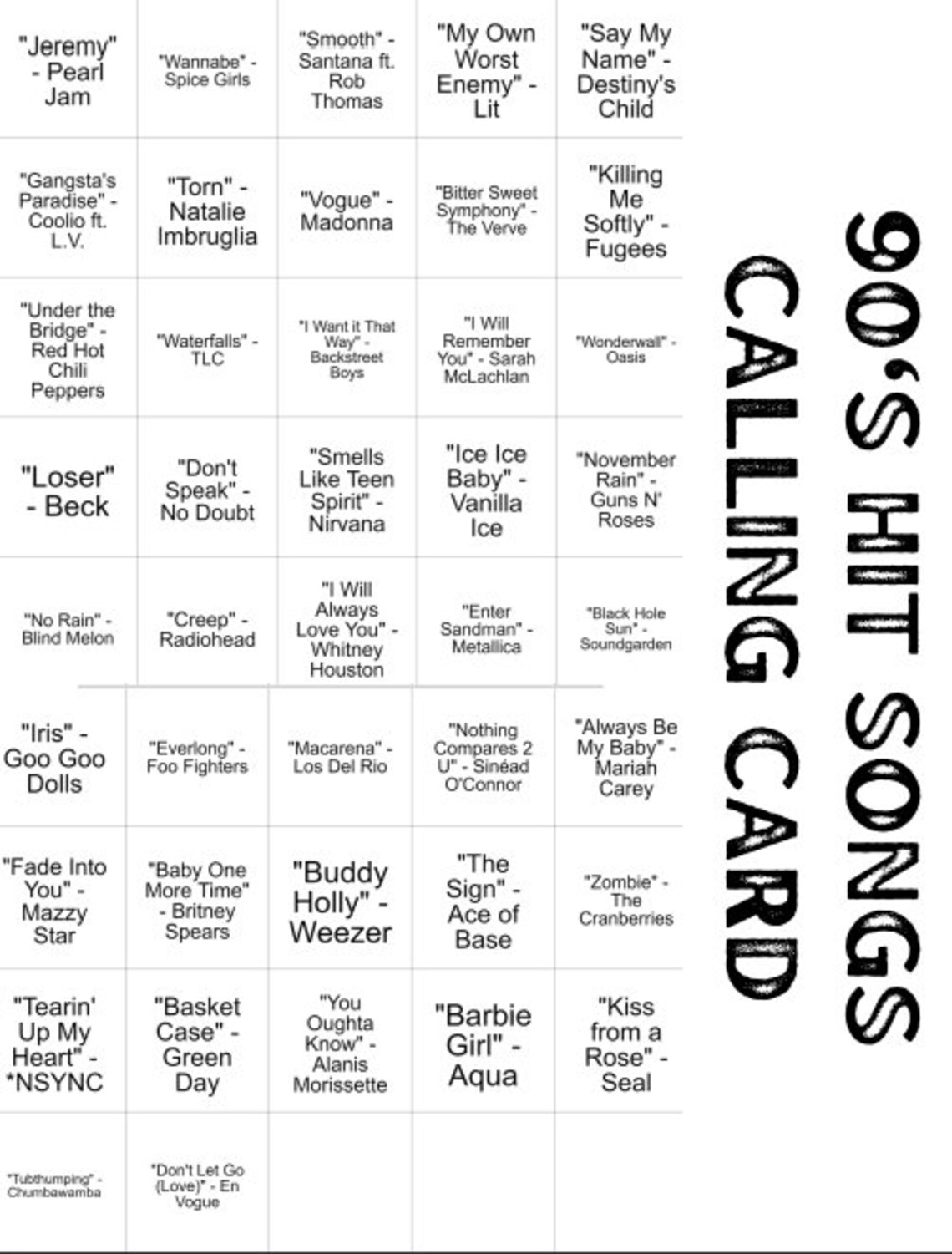 90s Hit Songs Bingo Music Bingo, Bingo Games, Printable Games, Party ...