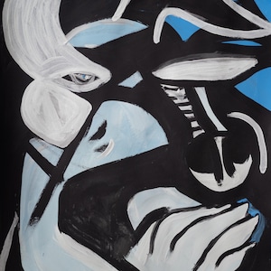 Dipinto acrilico cubista in stile Picasso, opera d'arte del Minotauro, dipinto murale. Opera d'arte in bianco e blu, dipinto moderno con design di animali