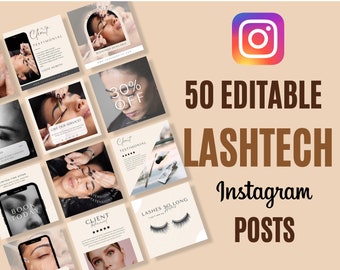 50 LASH TECH INSTAGRAM Post Templates | Lash Quotes | Lash Posts | Lash Tech Branding | Canva Templates | Instagramposters | Branding Kit