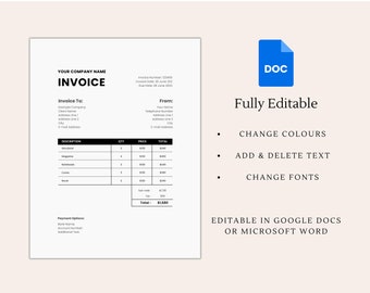 Invoice Template | Modern and Professional Invoice | Microsoft WORD, GDOCS and CANVA | Business Invoice | Customizable and Printable