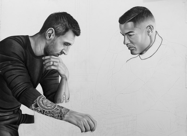 Messi & Ronaldo Chess Drawing, Messi Ronaldo Drawing,realmadrid, Messi