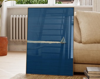 Minimalist Sailboat Art Print: Serene Blue Ocean Nautical Decor (Digital Download)