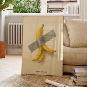 Arte mural divertido de cáscara de plátano – Póster minimalista conceptual – Póster de plátano con cinta adhesiva – Impresión de arte pop moderno – Descarga digital irónica
