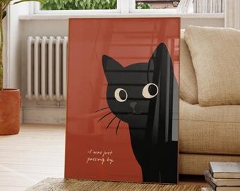 Minimalist Black Cat Art Print: Funny Quote, Red Modern Decor (Digital Download)