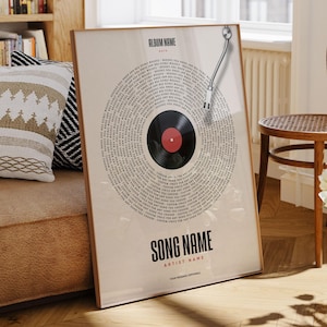 Könnte beinhalten: Ein gerahmter Druck mit einem Vinyl-Schallplatten-Design, das den Text "SONG NAME" und "ALBUM NAME" anzeigt. Die Schallplatte ist schwarz mit einem roten Mittelpunkt. Ein silberner Nadelarm ist über der Schallplatte positioniert. Der Druck befindet sich in einem Raum mit Holzboden und Bücherregal.