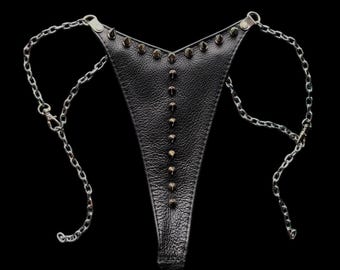 SPIKED Black Leather Thong