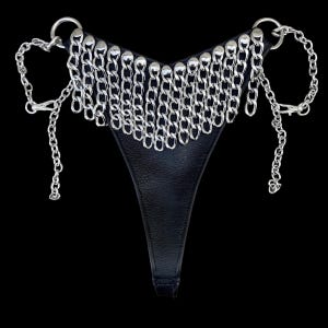 GO-GO-GO Black Leather Thong w/ Chain Fringe