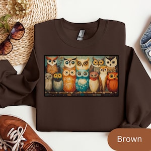 Wise Owls Crewneck Sweatshirt: Folk Art Bird Lover Gift