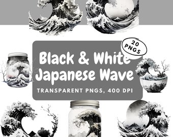Wave Clipart | Watercolor Waves | Black and White Wave | Japanese Wave | Black & White | Transparent Background | Wave PNG | Commercial Use