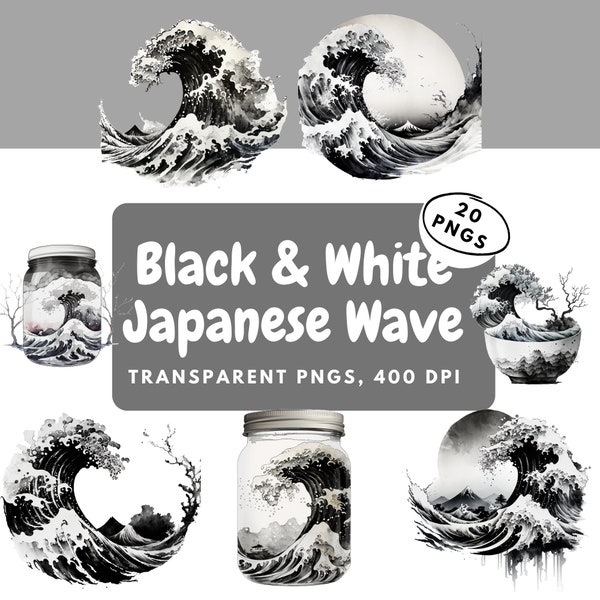 Wave Clipart | Watercolor Waves | Black and White Wave | Japanese Wave | Black & White | Transparent Background | Wave PNG | Commercial Use