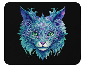 Mouse pad featuring an artsy, surrealistic cat in shades of blue, green, and purple